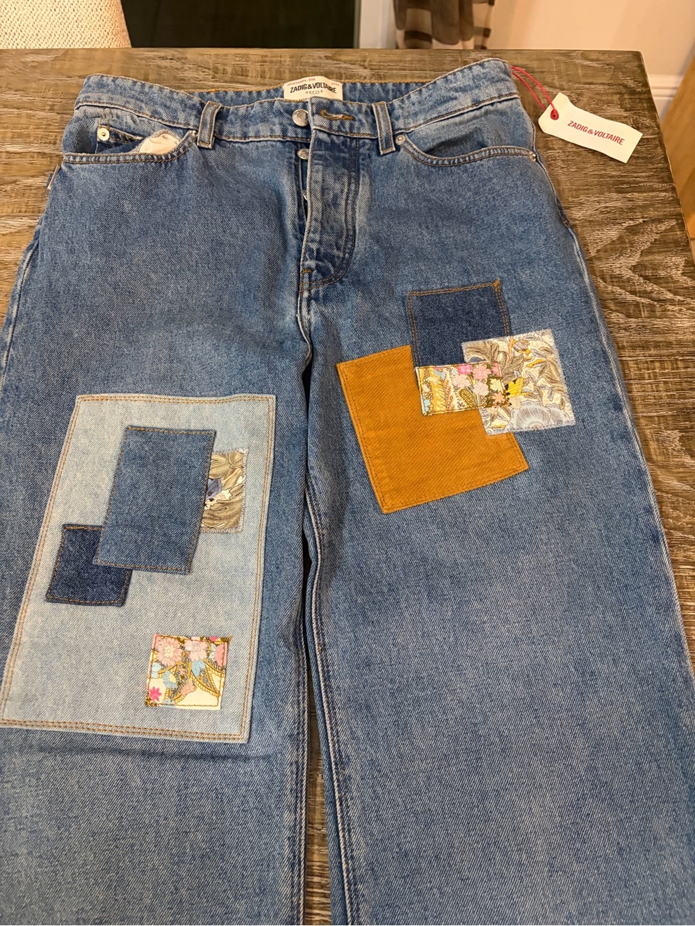 Zadig & Voltaire Blue Denim Wide-Leg Jeans with Tan Corduroy Patch